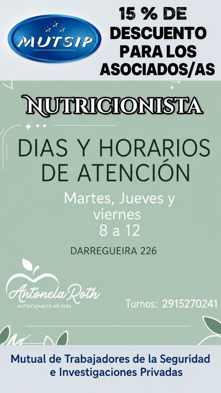 Nutricionista Antonela Roth - Beneficio MUTSIP para asociados